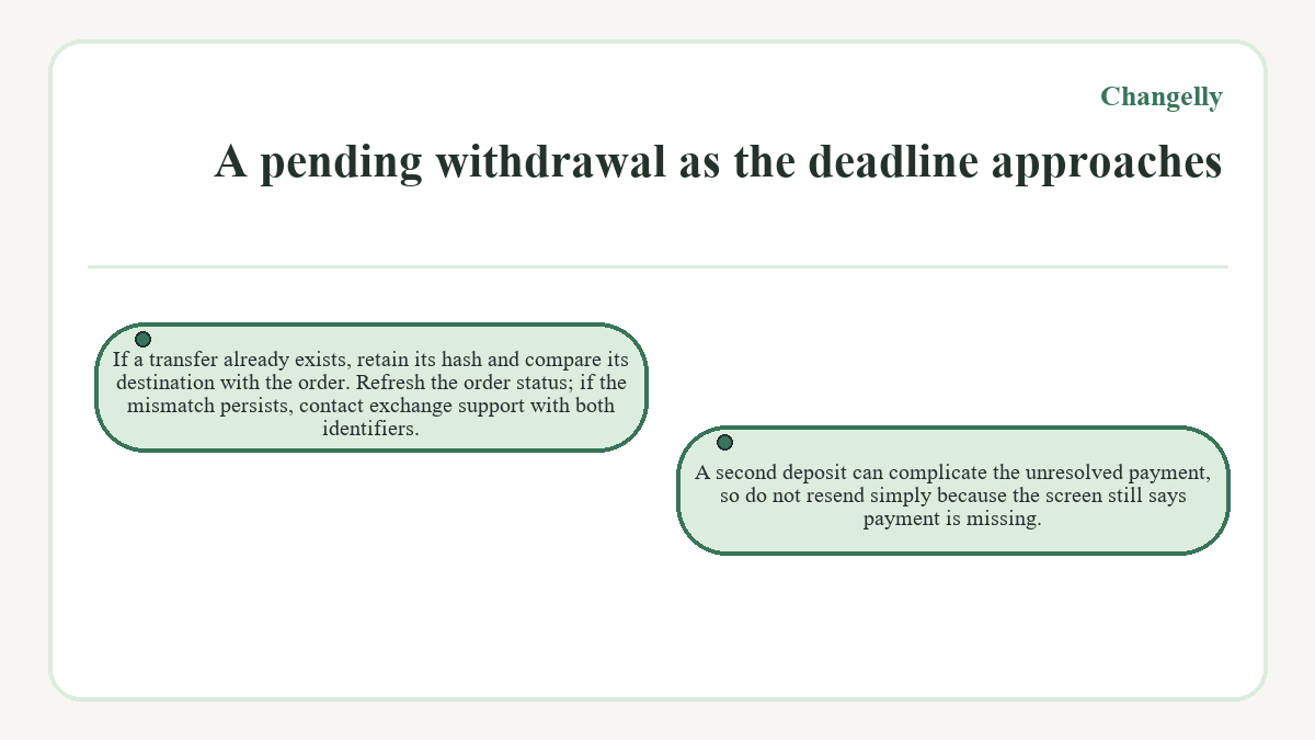 A pending withdrawal as the deadline approaches: If a transfer already exists, retain its hash and compare its destination with the order. Refresh the order status; if the mismatch persists, contact exchange support with both identifiers.; A second deposit can complicate the unresolved payment, so do not resend simply because the screen still says payment is missing.
